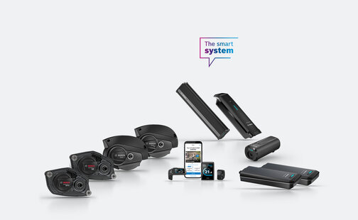 Some Bosch eBike products can be seen cropped. Above them is an icon with the text "The smart system".