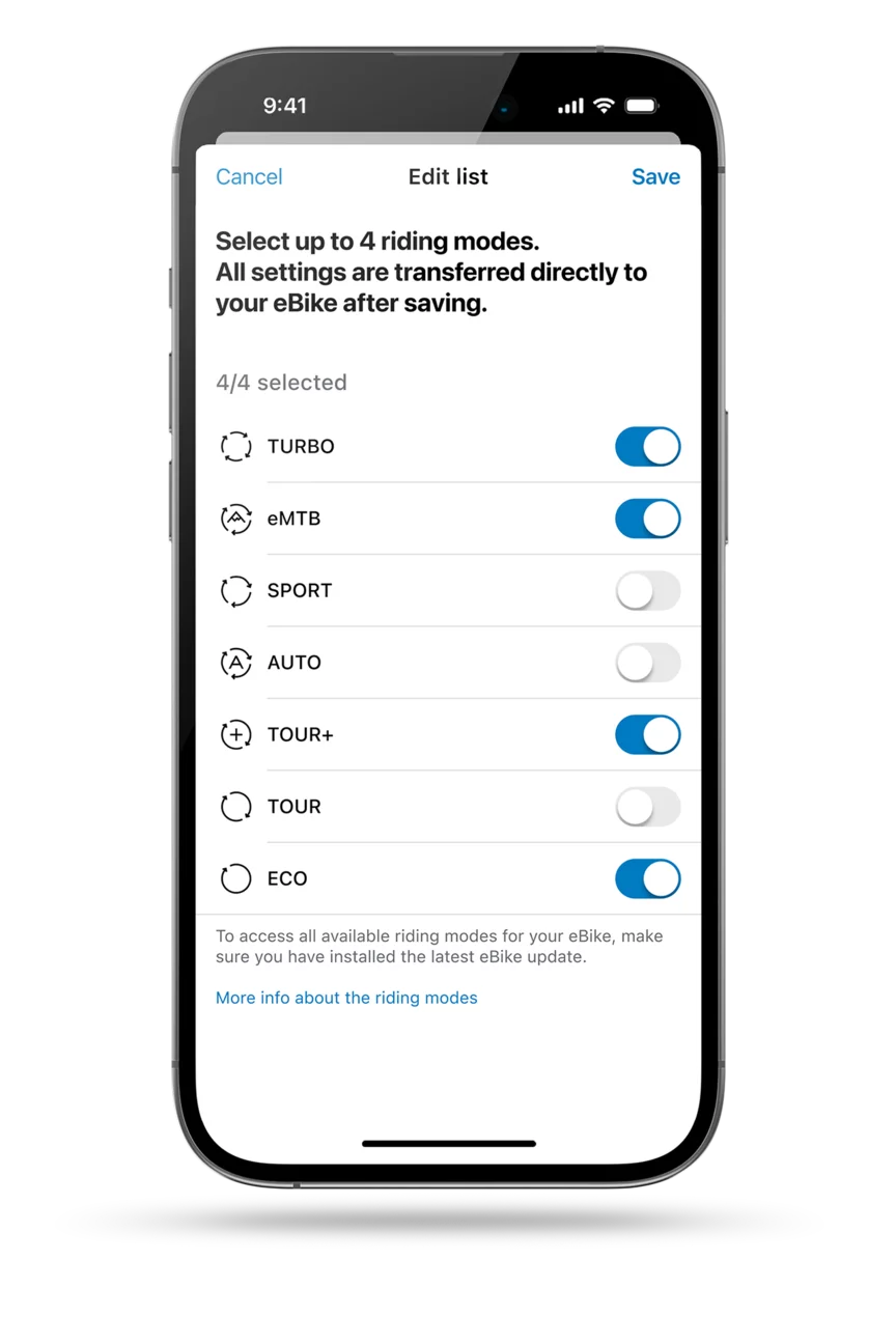 Cropped representation of a Smartphone representing the Modi selection in the eBike Flow App.