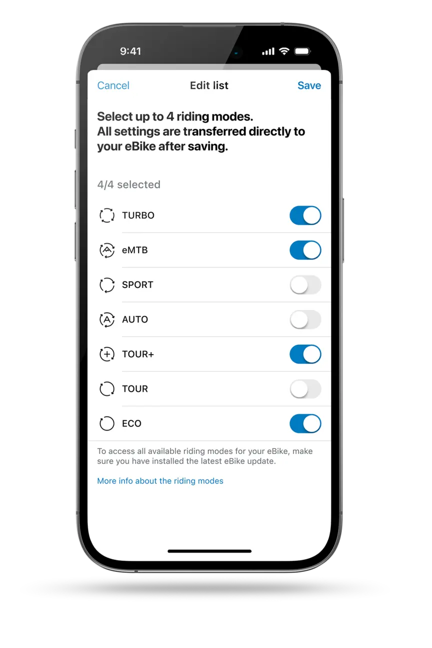 Cropped representation of a Smartphone representing the Modi selection in the eBike Flow App.