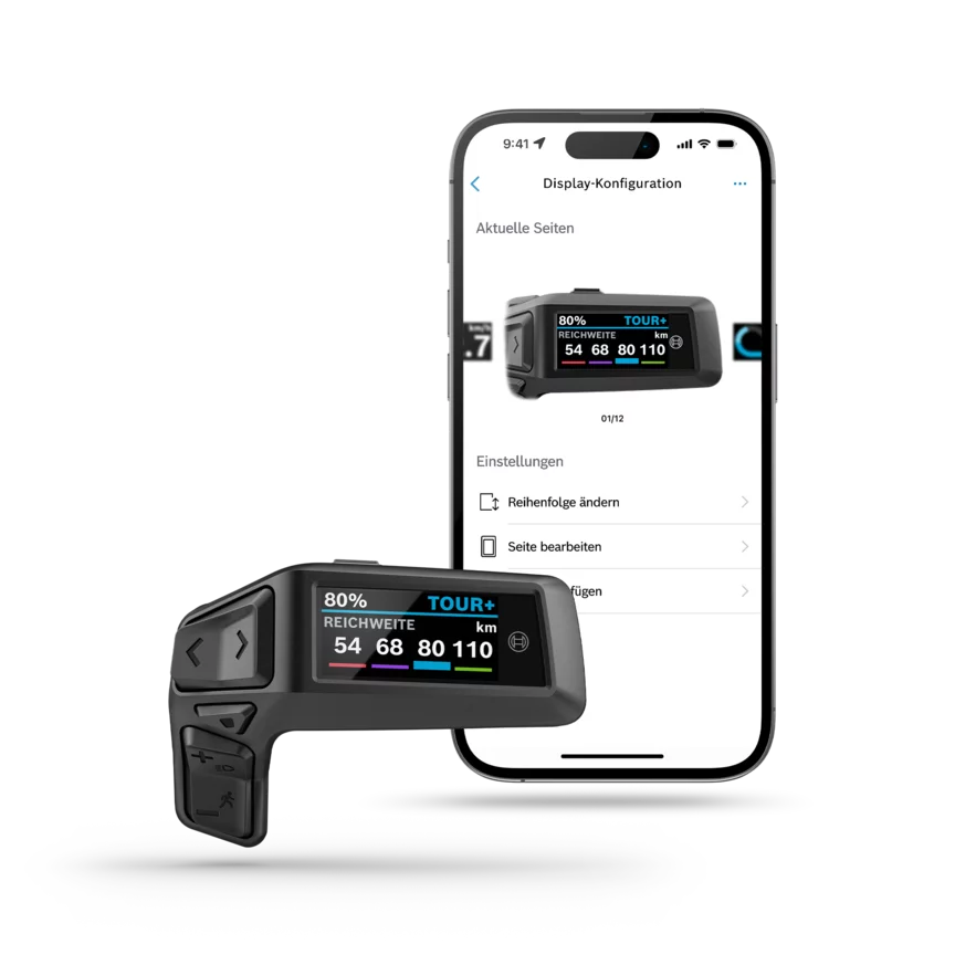 Purion 200 Display freigestellt, im Hintergrund ein Screenshot des Smartphone-Displays, der die Display-Konfiguration zeigt.