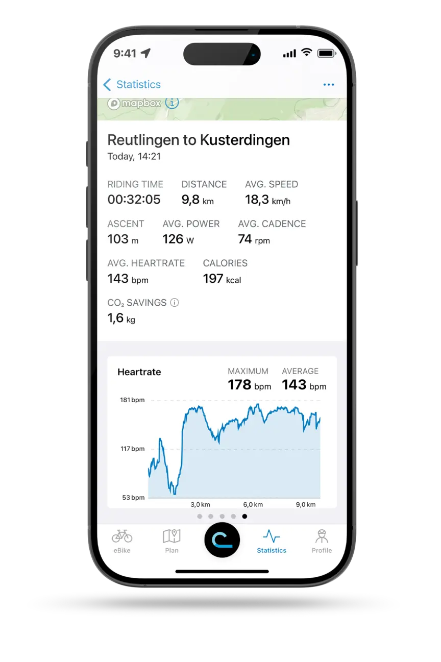 Freestanding smartphone with the open eBike Flow app displaying the ride statistics for a trip from Reutlingen to Kusterdingen.