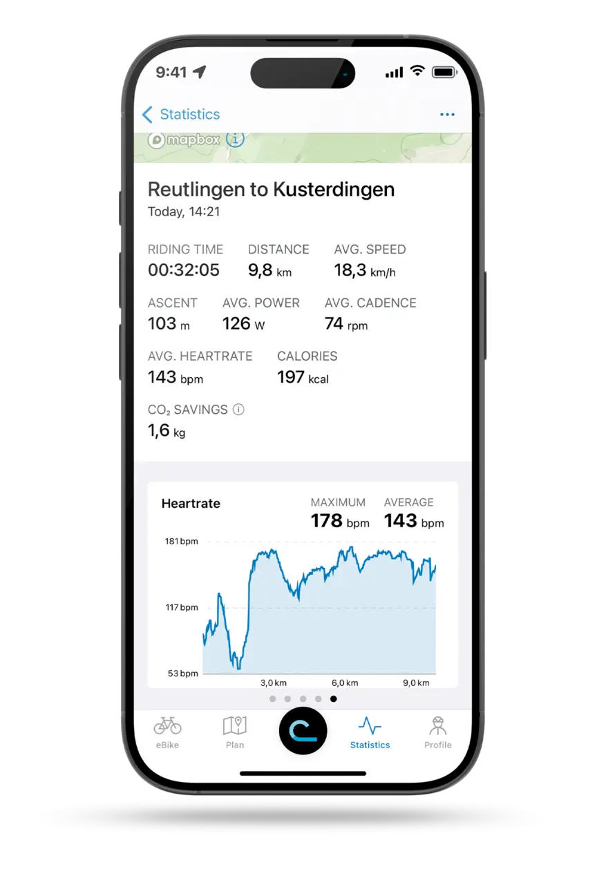Freestanding smartphone with the open eBike Flow app displaying the ride statistics for a trip from Reutlingen to Kusterdingen.