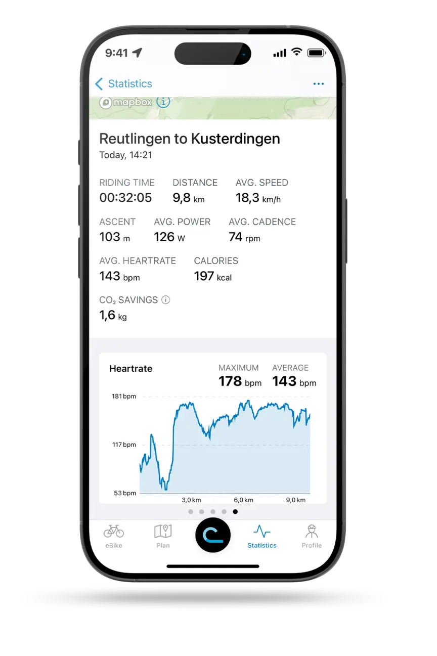 Freestanding smartphone with the open eBike Flow app displaying the ride statistics for a trip from Reutlingen to Kusterdingen.