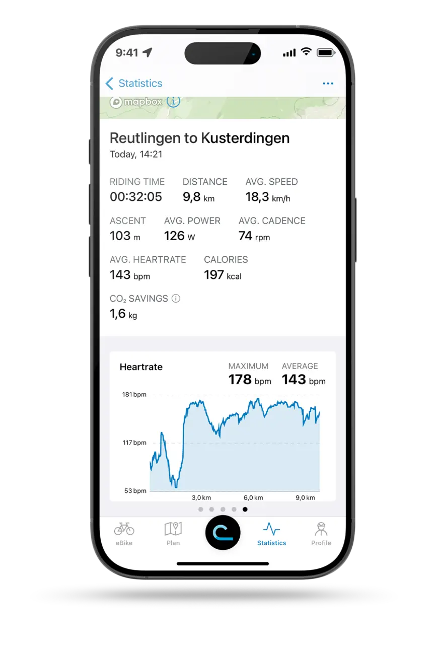 Freestanding smartphone with the open eBike Flow app displaying the ride statistics for a trip from Reutlingen to Kusterdingen.