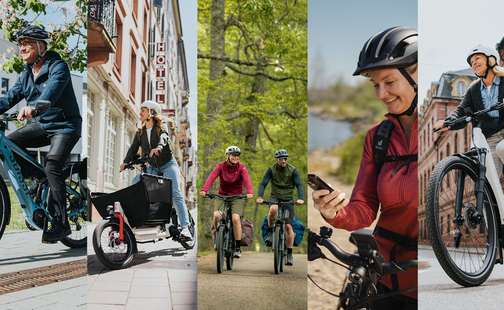 Zusammenschnitt von fünf Bildern, die jeweils verschiedene Fahrszenen und unterschiedliche eBikes zeigen.