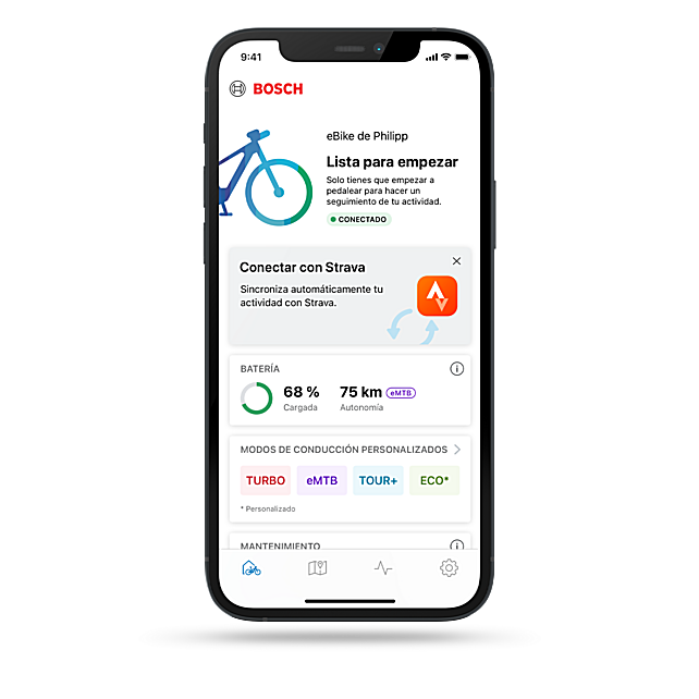 Un teléfono recortado con la aplicación eBike Flow abierto y una nota sobre el enlace a la aplicación Strava.