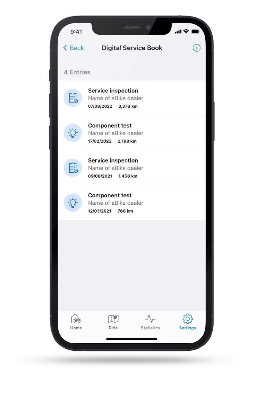 Clipped phone with the open eBike Flow app displaying the Digital Service Books.