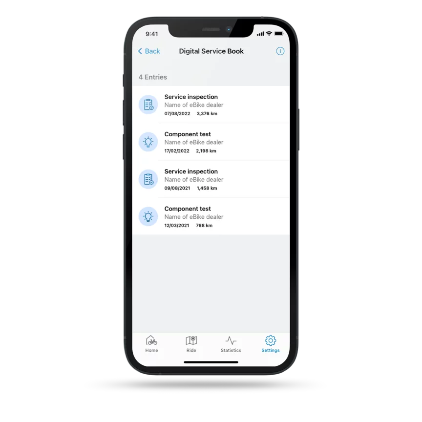 Clipped phone with the open eBike Flow app displaying the Digital Service Books.