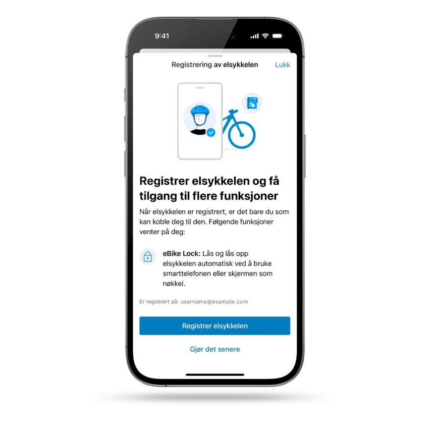 På en avbildet smarttelefon kan man se muligheten til å registrere en eBike.