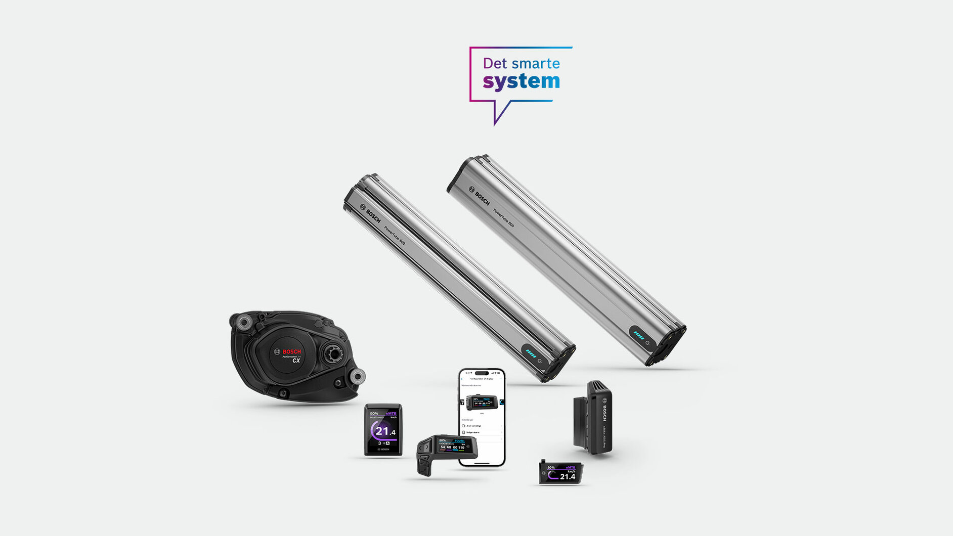 Fremskudt fremstilling af PowerTube 600, PowerTube 800, Performance Line CX, Bosch eBike ABS Pro, Purion 400, Berganfahrhilfe og Mini Remote på en lysegrå baggrund med taleboblen 'Det smarte system'.