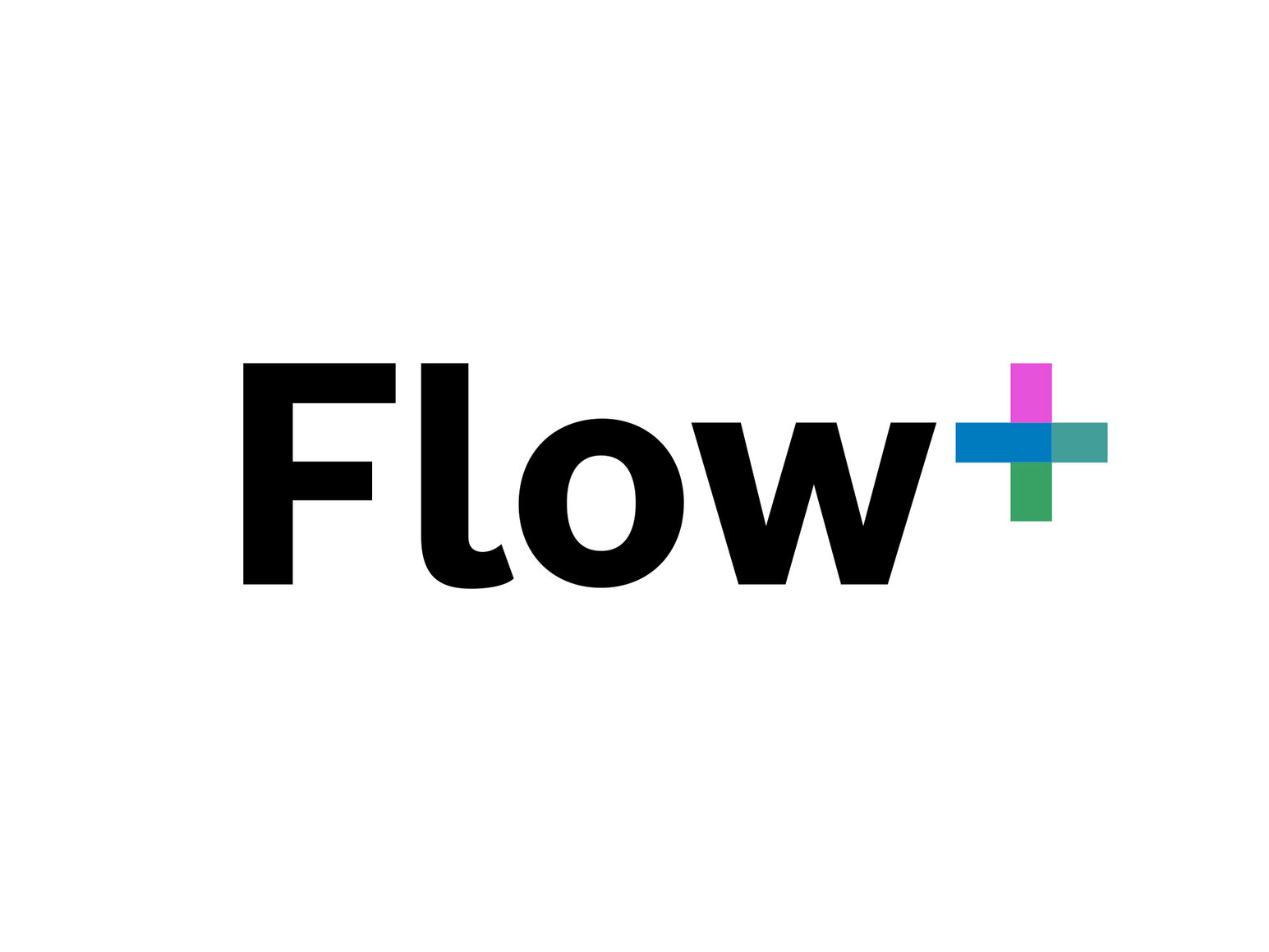 Das Flow+ Logo, dem Premium-Abo für die eBike Flow App, zeigt den schwarzen Schriftzug Flow, gefolgt von einem Pluszeichen aus bunten Pixeln.