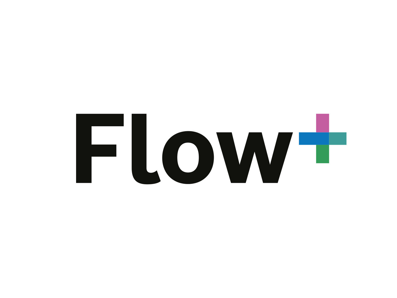 Flow+-logotypen, premiumprenumerationen för eBike Flow-app, visar de svarta bokstäverna flow, följt av ett plustecken med färgglada pixlar.