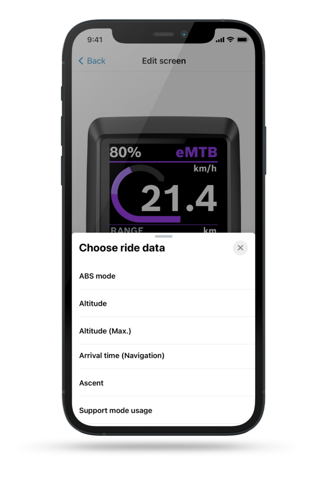 Screenshot of a phone display shows a Kiox display in the background, in the foreground is a menu with the text 'ride data Select'. Among them are options: ABS mode, battery (eBike), battery (phone), arrival time (navigation), ascent, braking time.