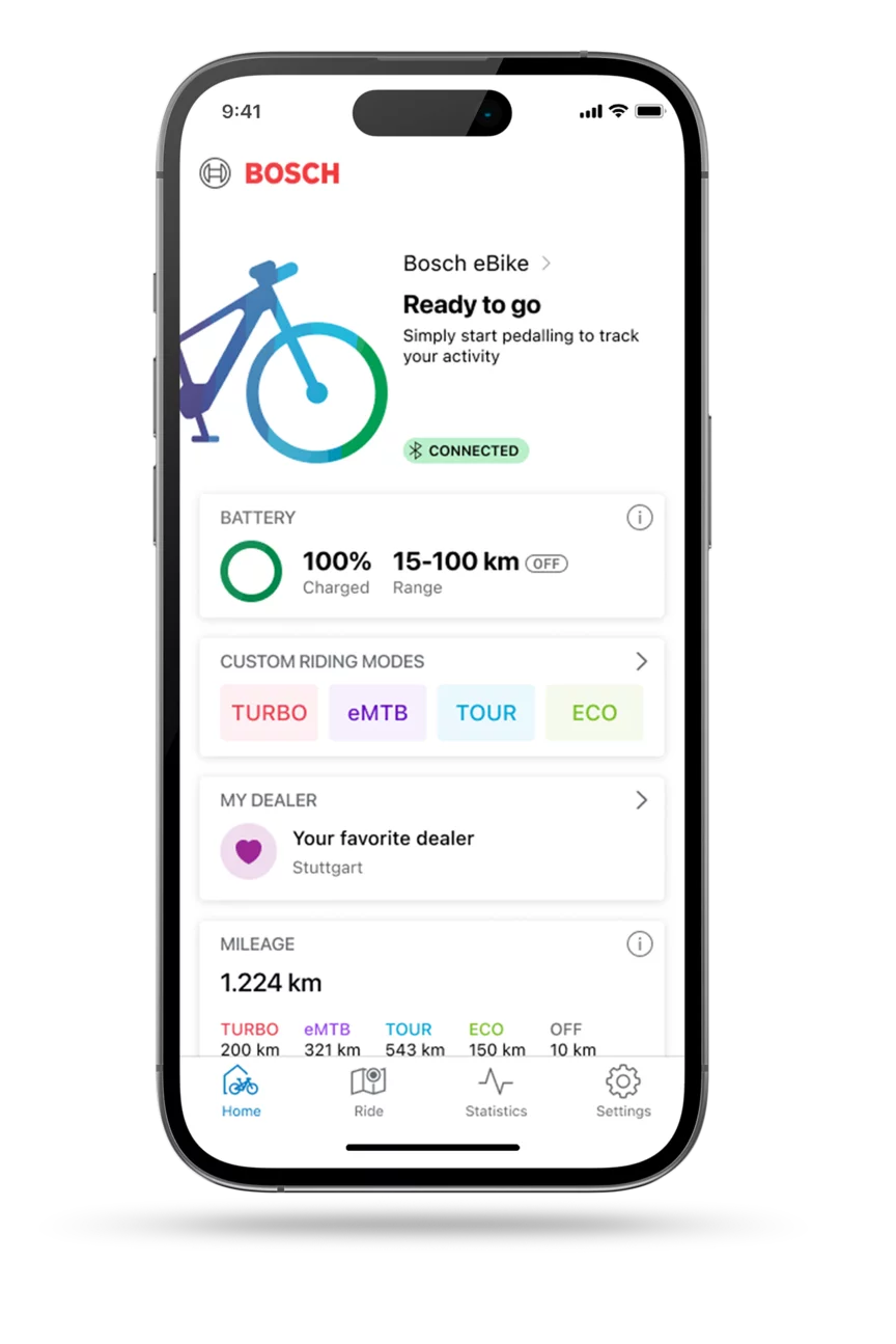 Cropped phone with the eBike Flow app home open.
