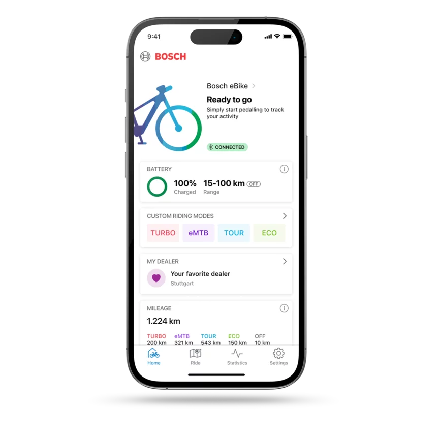 Cropped phone with the eBike Flow app home open.