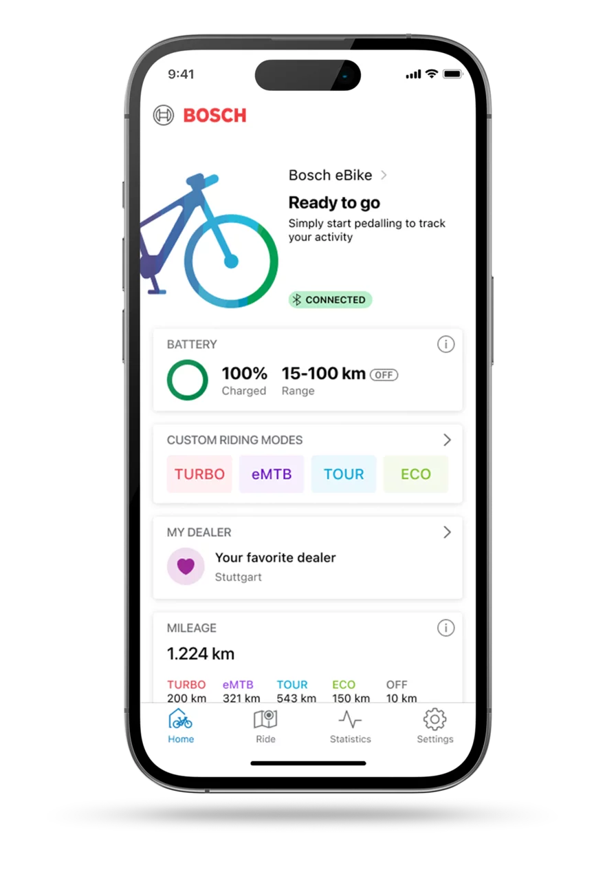 Cropped phone with the eBike Flow app home open.