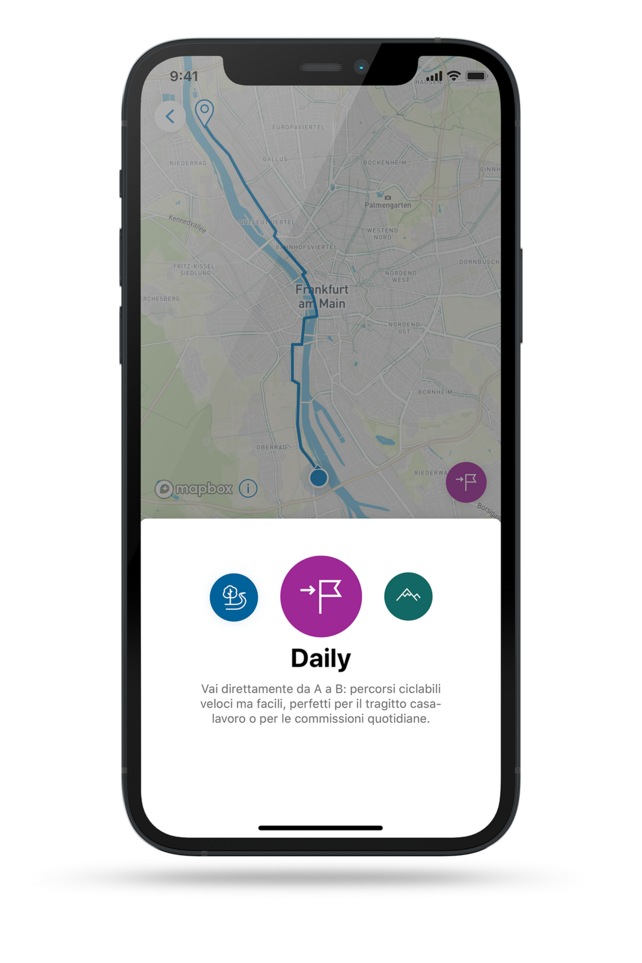 Profilo del percorso "Daily" nell'app eBike Flow ritagliato su sfondo grigio chiaro.