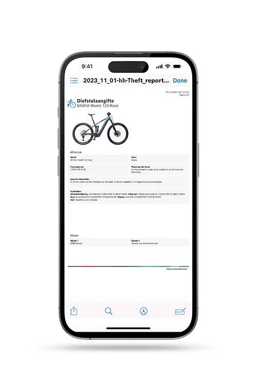 Op een vrijstaande smartphone is een diefstalrapport te zien in de eBike Flow-app.