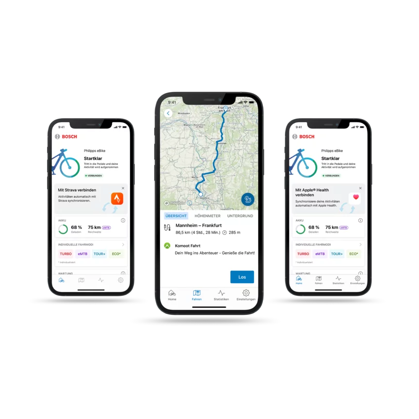 Three cropped smartphones representing the eBike Flow App with two different screens: the home page twice and the navigation once.