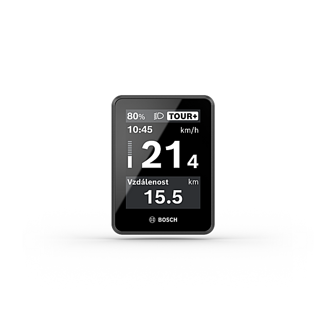 Detailní záběr Bosch eBike / elektrokolo Display Intuvia 200, který zobrazuje informace o rychlost, úrovni baterie, jízdním režimu a vzdálenosti.