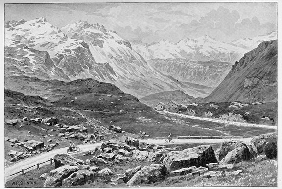 Disegno in bianco e nero di un paesaggio montano attraversato da un percorso su cui pedalano ciclisti.