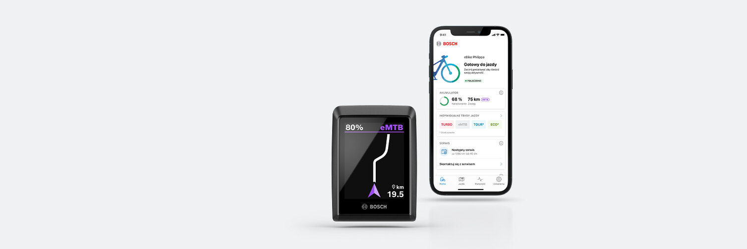 Fristående display av Kiox 300 med öppen navigering, bredvid en smartphone där eBike Flow-appen är öppen. Ovanför syns en lila-blå pratbubbla med texten "Det smarta systemet".
