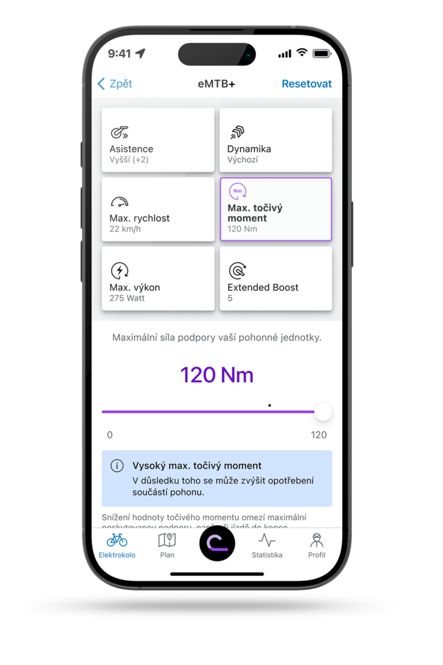 smartphone, který zobrazuje aplikace eBike Flow s nastavením otevřeným na maximální točivý moment v režim eMTB+.