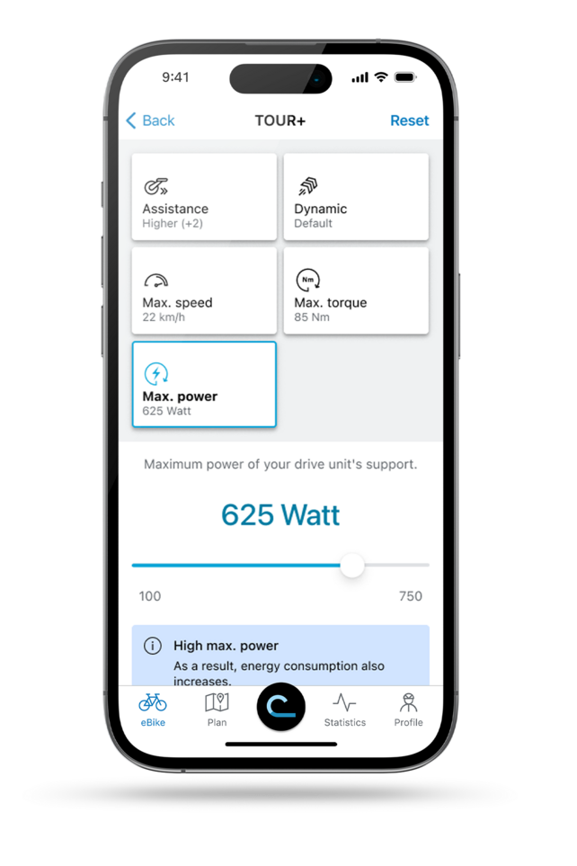 Smartphone affichant le réglage des valeurs de puissance dans l'application eBike Flow.