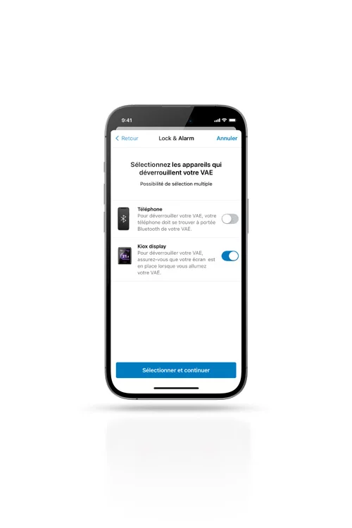 [A] sur un smartphone, vous pouvez voir un panneau de commande avec les fonctions "Lock & Alarm" de Bosch eBike. Il est possible de sélectionner le smartphone et/ou le Kiox (écran) afin de déverrouiller l'eBike.