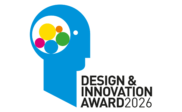 Logo of the Design & Innovation Award 2026, featuring a stylized blue head with colorful circles inside.