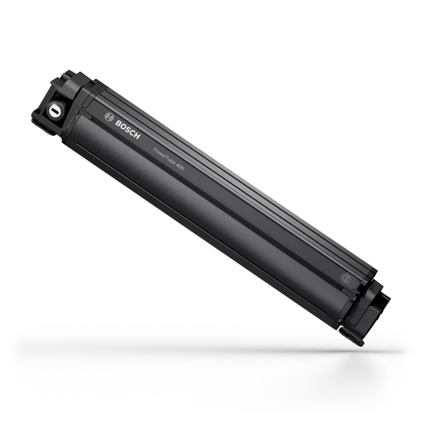 eBike-batteri PowerTube 400 frittstående på hvit bakgrunn.
