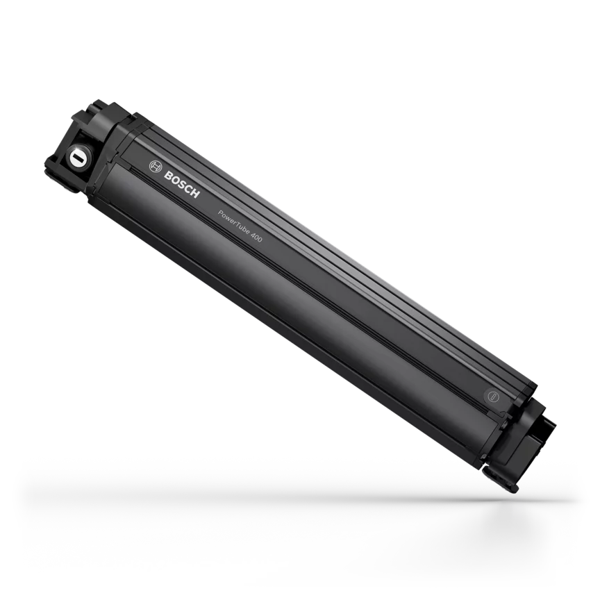 PowerTube 400 eBike battery isolated on a white background.