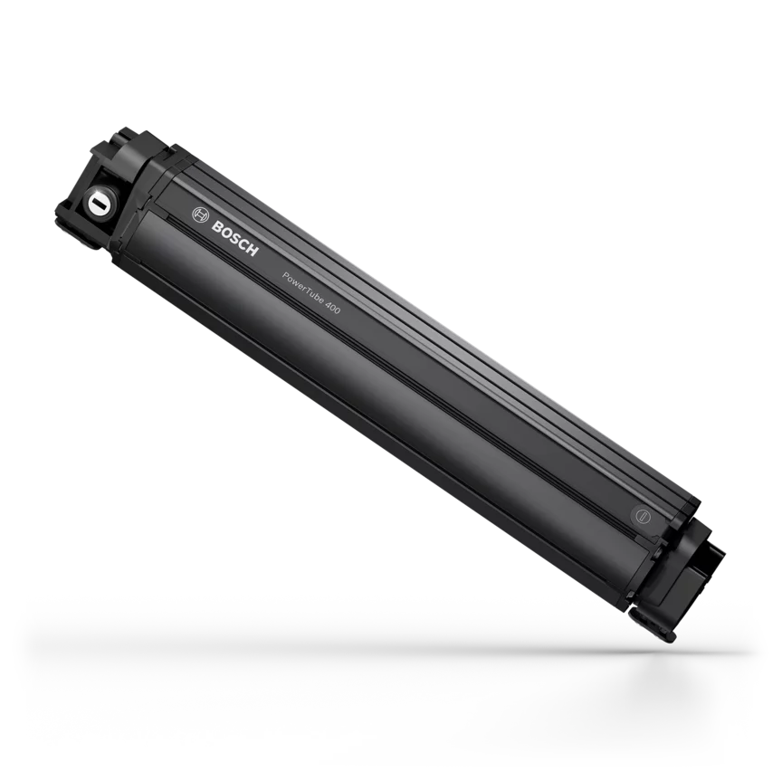 PowerTube 400 eBike battery isolated on a white background.