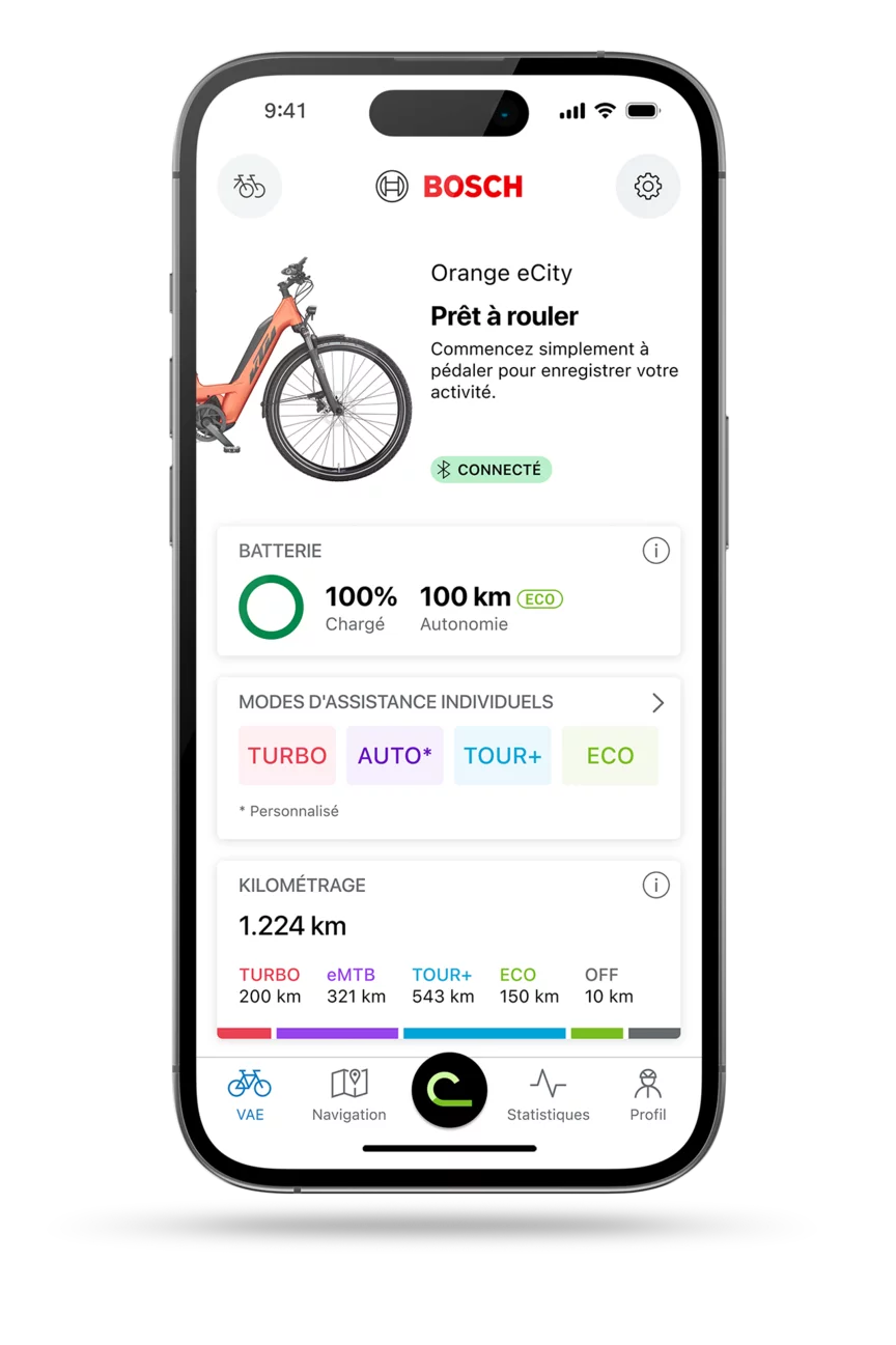 Écran d’accueil de l’application eBike Flow pour iOS, affiché sur un smartphone détouré.