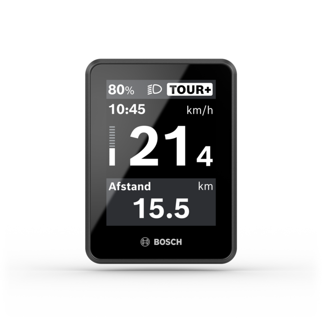 close-up Bosch eBike display Intuvia 200, die informatie toont over snelheid, accuniveau, rijmodus en afstand.