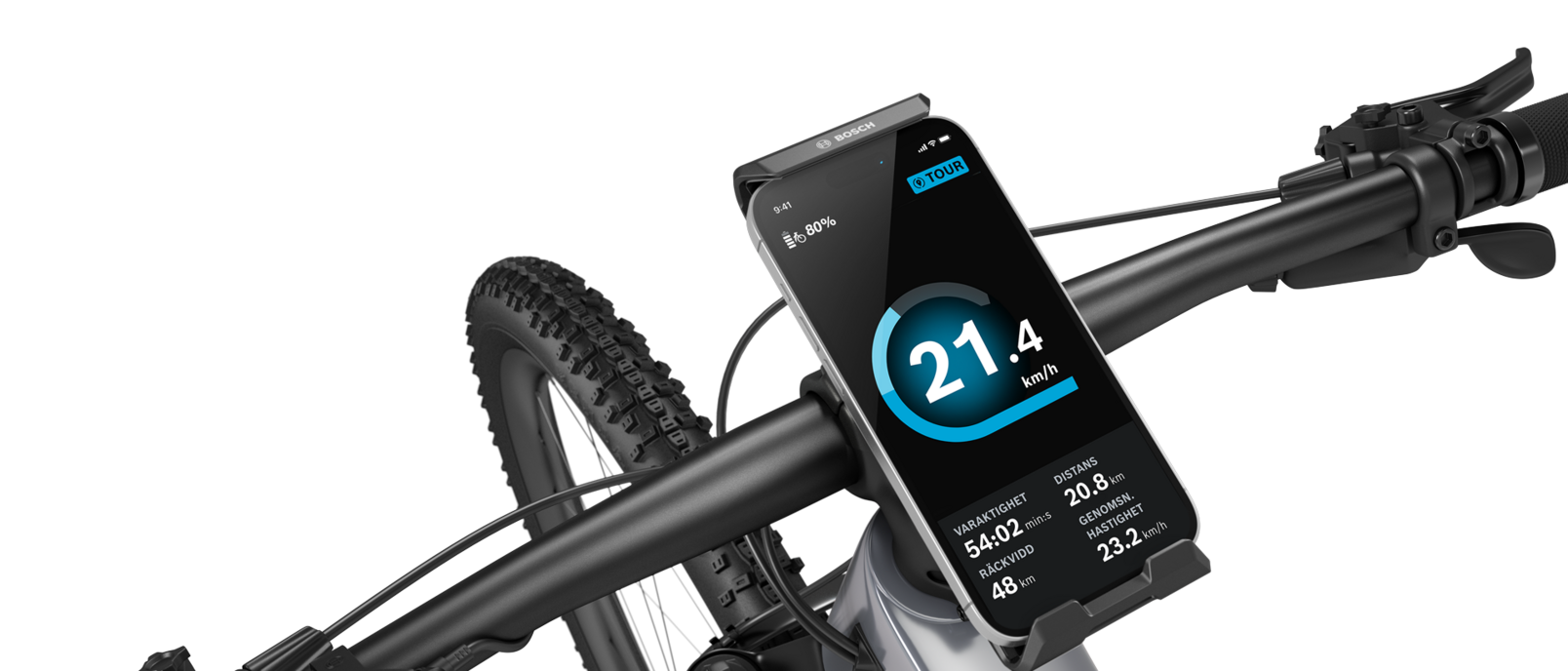 Detaljbild av styret på en elcykel, där en SmartphoneGrip Vertical med en insatt smartphone är placerad mitt på.