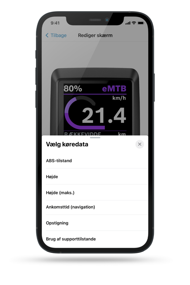 Skærmbillede af smartphone-displayet, som viser displaykonfigurationen i eBike Flow-appen, herunder mulige indstillinger.