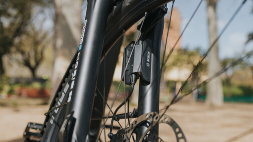 Close-up of an eBike wheel with built-in ABS.