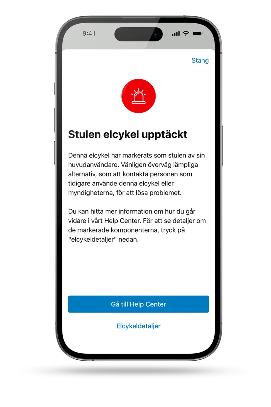 Varningsmeddelande om stulen elcykel och hur du går vidare.