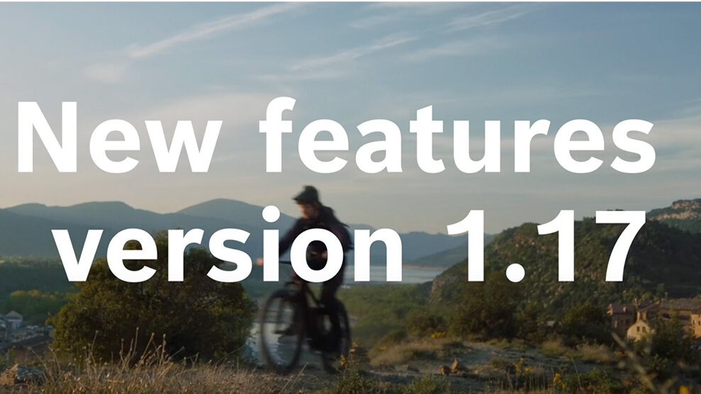 Banner showing a blurred eBike rider on a hill, in the background you can see mountains and a village with a tower. The banner reads 'New features version 1.17'.