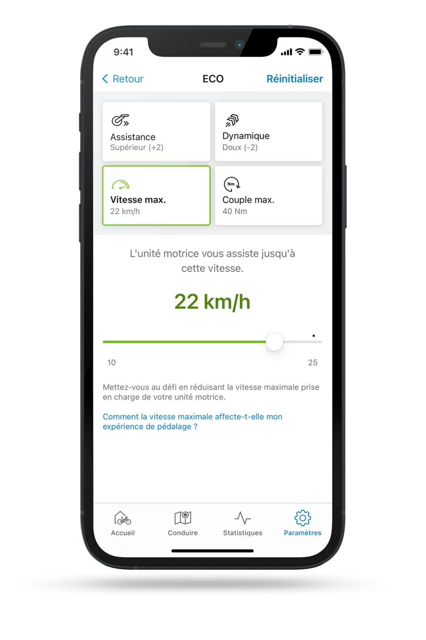 Capture d’écran isolée de l’application eBike Flow avec le paramètre ouvert pour limiter la vitesse maximale en mode ECO