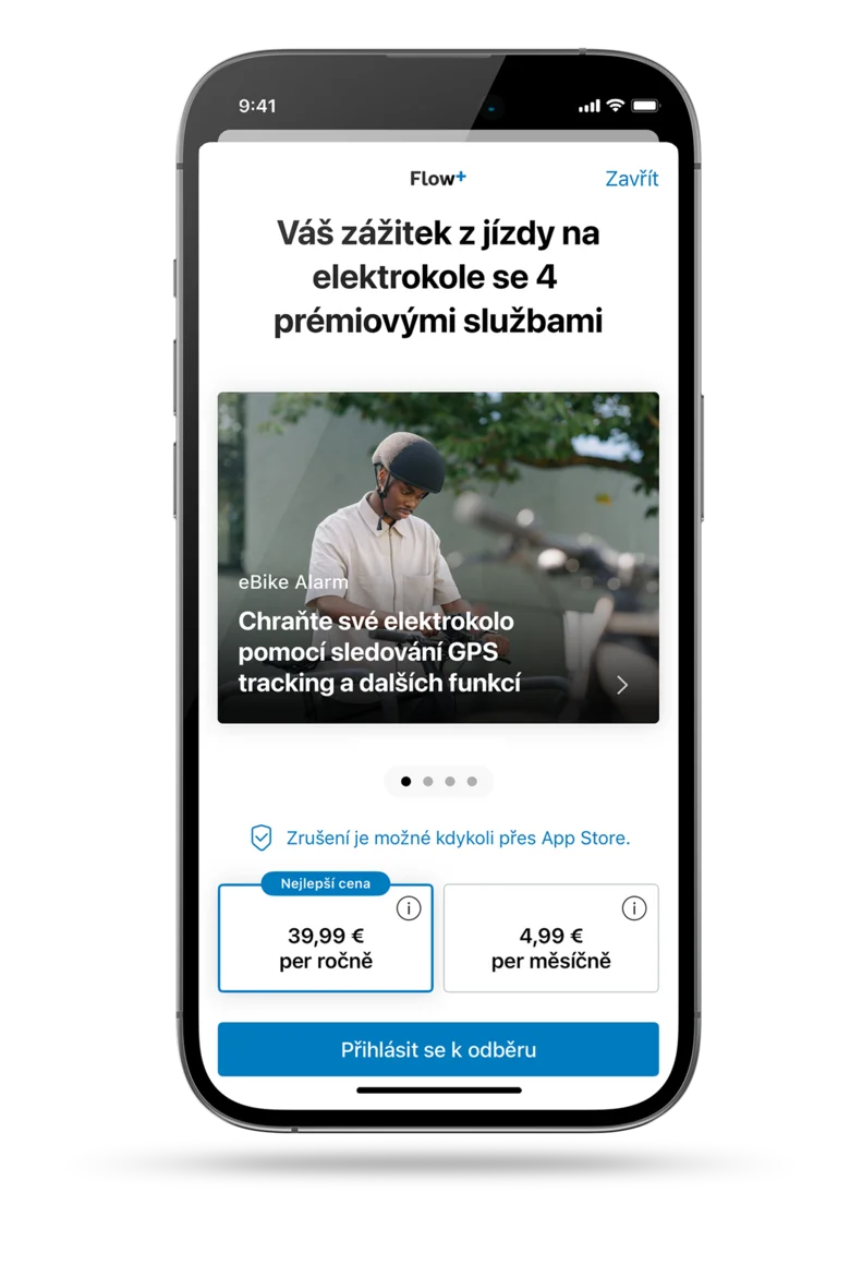 Snímek obrazovky otevřené aplikace eBike Flow zobrazuje možnosti předplatného; pro Flow+: 39,99 € za rok nebo 4,99 € měsíčně.