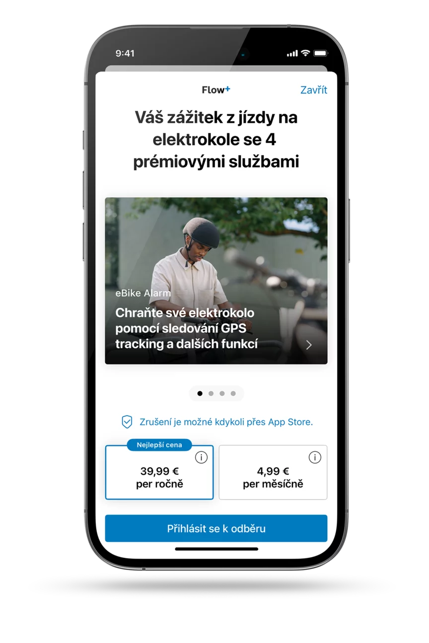 Snímek obrazovky otevřené aplikace eBike Flow zobrazuje možnosti předplatného; pro Flow+: 39,99 € za rok nebo 4,99 € měsíčně.