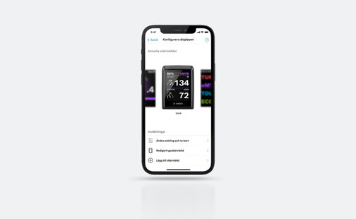 Skärmdump av smarttelefonens display som visar displaykonfigurationen i eBike Flow-appen, inklusive olika inställningsmöjligheter.