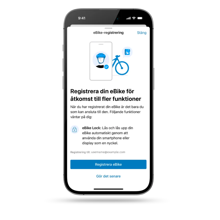 På en fristående smartphone syns möjligheten att registrera en eBike.