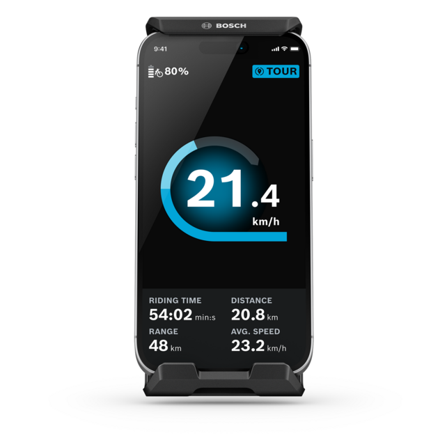 A mounted smartphone that serves as an on-board computer and is secured in the SmartphoneGrip Vertical. It displays the ridescreen.