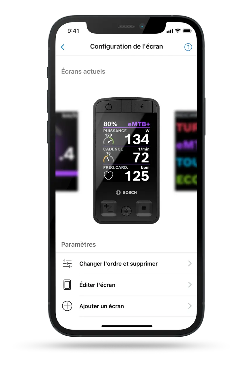 Capture d’écran d’un smartphone affichant la navigation dans l'application eBike Flow, avec la carte, le résumé de l’itinéraire et les paramètres de guidage de l’itinéraire.