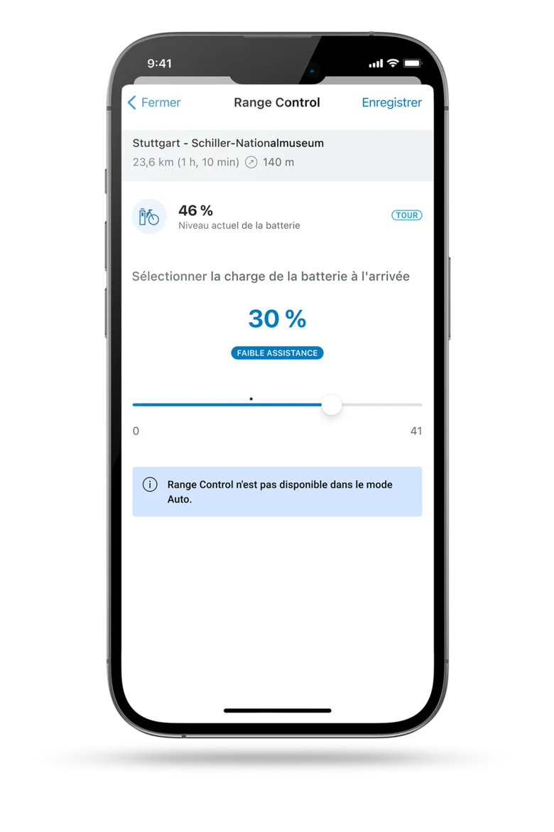 Capture d'écran de l'écran de smartphone montrant la Range Control dans l'application eBike Flow.