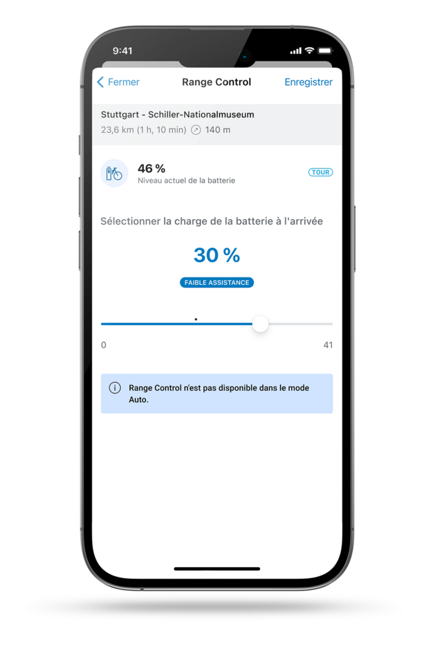 Capture d'écran de l'écran de smartphone montrant la Range Control dans l'application eBike Flow.