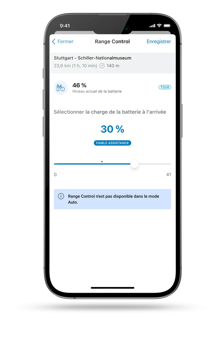 Capture d'écran de l'écran de smartphone montrant la Range Control dans l'application eBike Flow.